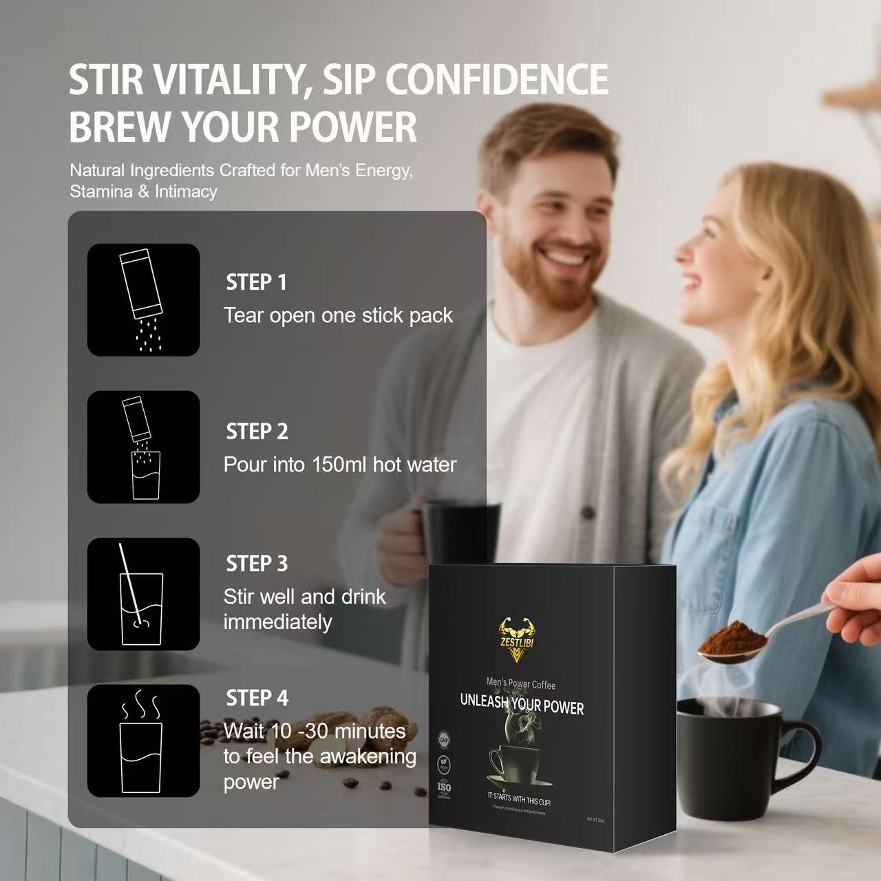 Coffee Powder Natural Ingredients Crafted for Men's Energy, Stamina & Intimacy (2 Bag / Box)