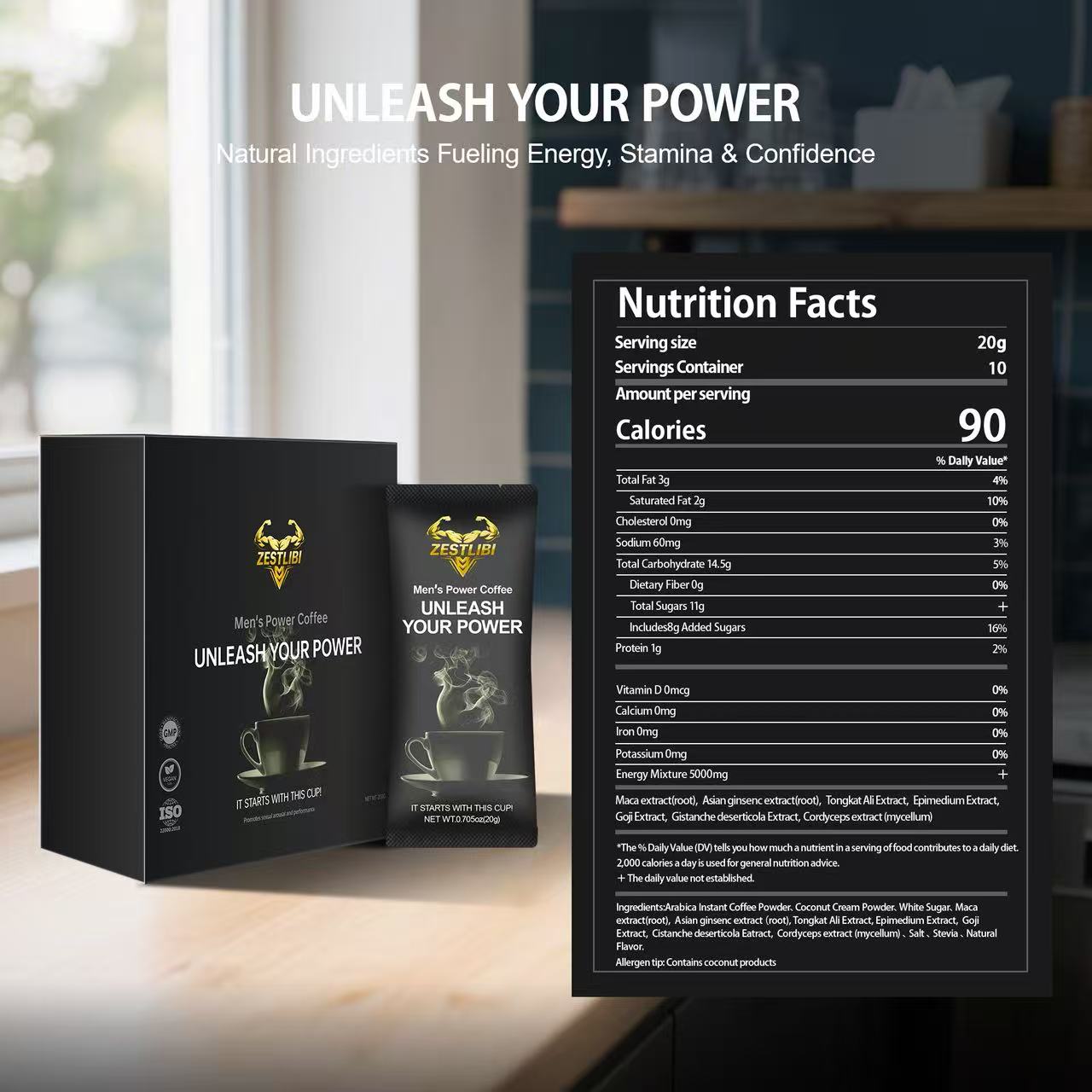 Coffee Powder Natural Ingredients Crafted for Men's Energy, Stamina & Intimacy (2 Bag / Box)